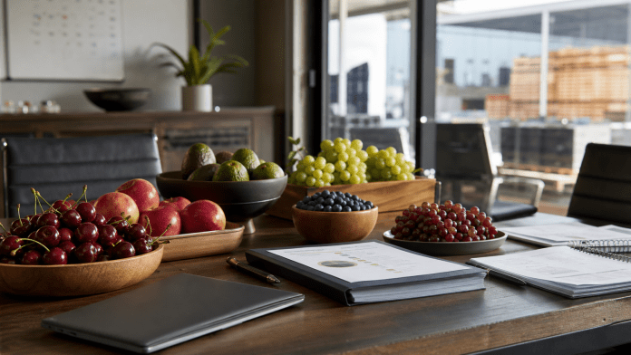 El nuevo tablero frutícola: decidir con datos antes de que la temporada apure Mesa corporativa con frutas chilenas, documentos de análisis y vista a operación frutícola.