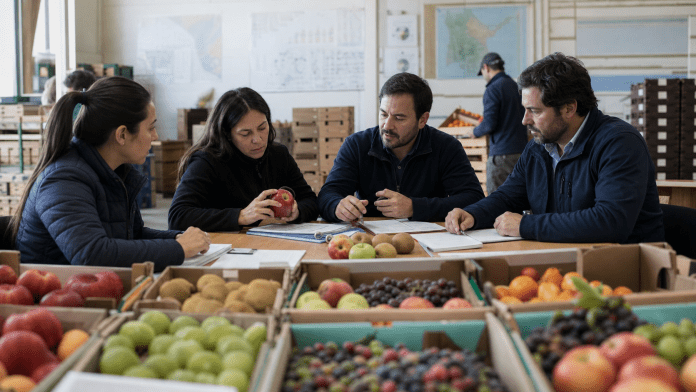 Julio ordena la agenda frutícola: menos ruido, más datos y decisiones de temporada Equipo frutícola chileno revisando fruta, datos de temporada y documentos comerciales en una sala de operaciones.