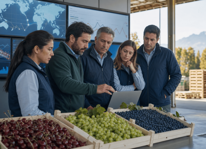 Equipo fruticola chileno revisando datos de exportacion y fruta fresca en una sala de operaciones.