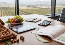 Avellano europeo en Chile: cuando los frutos secos dejan de ser nota al pie Mesa ejecutiva con avellanas, fruta fresca, gráficos financieros y huertos al fondo.