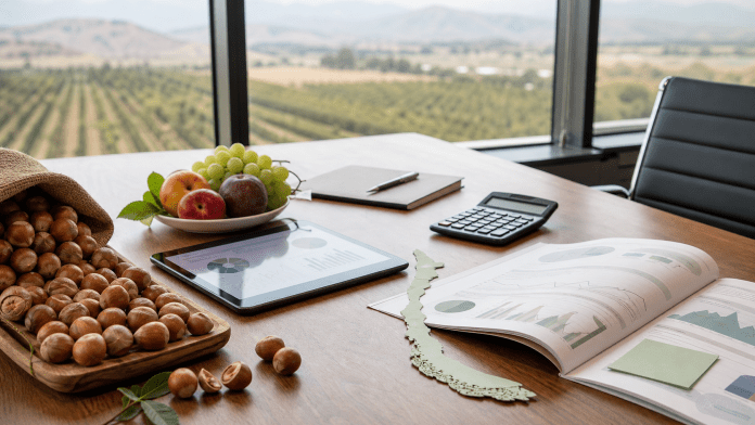 Avellano europeo en Chile: cuando los frutos secos dejan de ser nota al pie Mesa ejecutiva con avellanas, fruta fresca, gráficos financieros y huertos al fondo.