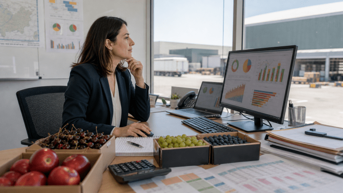 Analista revisando datos de mercado junto a muestras de frutas chilenas.