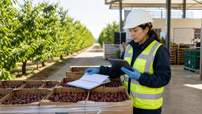 GlobalG.A.P. v6: la certificación se prepara en el predio, no la semana de la auditoría Auditora de calidad revisando registros y una caja de fruta en un predio frutícola ordenado.