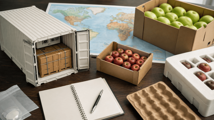Qué hace realmente una exportadora de fruta y por qué no es solo vender cajas Maqueta corporativa de contenedor reefer, cajas de fruta y materiales de exportación.