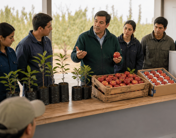 Docente explicando a estudiantes la cadena completa de la fruta desde vivero hasta consumidor.