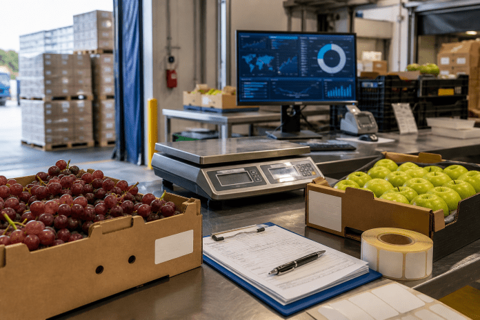 Cajas de uvas y manzanas junto a una balanza, documentos de despacho y una pantalla de gráficos en un packing.