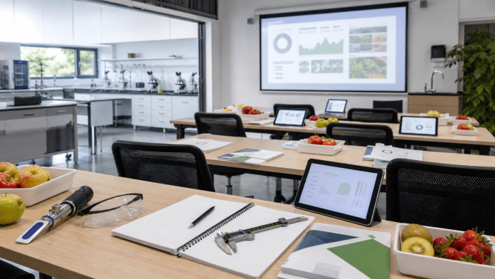 Estudiar fruticultura en 2026: el oficio ya mezcla huerto, frío, datos e idiomas Sala de capacitación frutícola con tablets, muestras de fruta y laboratorio de postcosecha.