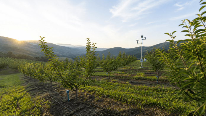 Huella de carbono en fruta fresca: cómo empezar a medir sin convertirla en un informe decorativo Huerto frutal con sensores ambientales y estación meteorológica para gestionar recursos.