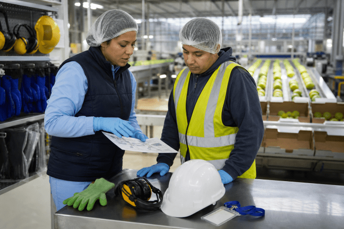 La temporada se sostiene con capacitación: por qué una buena inducción vale más que un apuro Instructora y trabajador revisando elementos de protección durante una inducción en un packing.