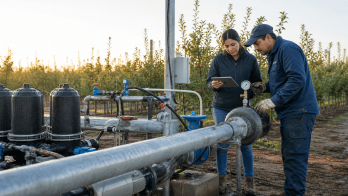 Elegir un proveedor de riego: cinco preguntas que evitan comprar un sistema imposible de operar Ingeniera agrónoma y técnico revisando válvulas y un manómetro en una instalación de riego.