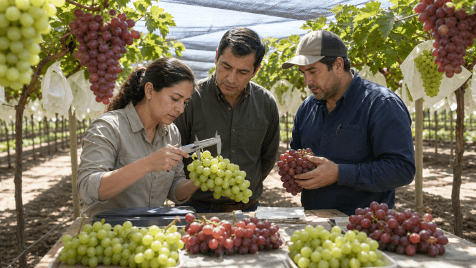 Uva de mesa chilena: el recambio varietal dejó de ser opción y se volvió requisito Equipo técnico revisando racimos de uva de mesa chilena en un parrón moderno.