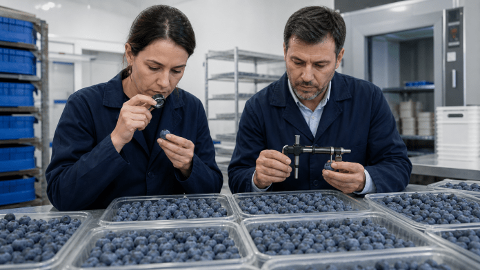 Arándanos chilenos: la firmeza se convirtió en el nuevo idioma del mercado Especialistas revisando firmeza y calidad de arándanos chilenos en laboratorio de poscosecha.