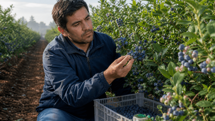 Arándanos chilenos: la firmeza empieza en el huerto y termina en la decisión comercial Productor inspeccionando un racimo de arándanos maduros en un huerto profesional.