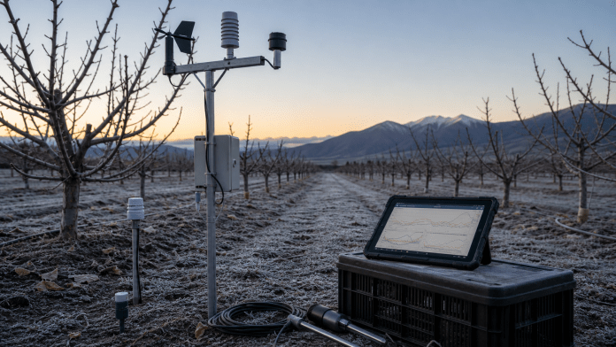 Huerto frutal de invierno con escarcha, estación meteorológica y tablet con datos climáticos.