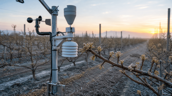 Yemas, heladas y datos: la precosecha que empieza antes de que el huerto despierte Estación meteorológica y yemas de frutales al amanecer en un huerto chileno.
