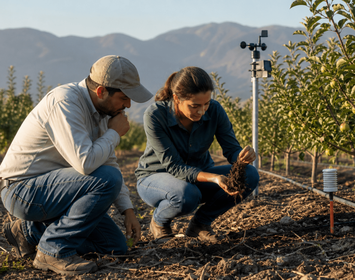 Agronoma y productor revisando suelo, riego por goteo y sensores en un huerto frutal chileno.