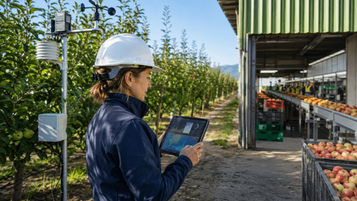 Gerente agrícola usando una tableta entre un huerto y una línea de packing.