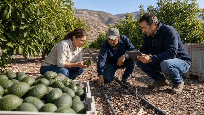Palta chilena: producir en serio cuando el agua se volvió parte del precio Productores revisando paltas Hass y riego por goteo en un huerto chileno.
