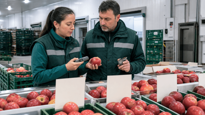 Segregar lotes: la decisión de poscosecha que puede salvar una venta antes de embarcar Equipo de poscosecha comparando lotes de fruta y revisando firmeza en un packing.