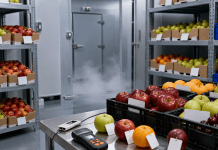 Vida de anaquel: la prueba silenciosa que empieza cuando la fruta ya salió del campo Sala de poscosecha con fruta fresca, termógrafos y cámara de frío para pruebas de vida útil.