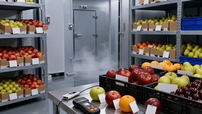Vida de anaquel: la prueba silenciosa que empieza cuando la fruta ya salió del campo Sala de poscosecha con fruta fresca, termógrafos y cámara de frío para pruebas de vida útil.