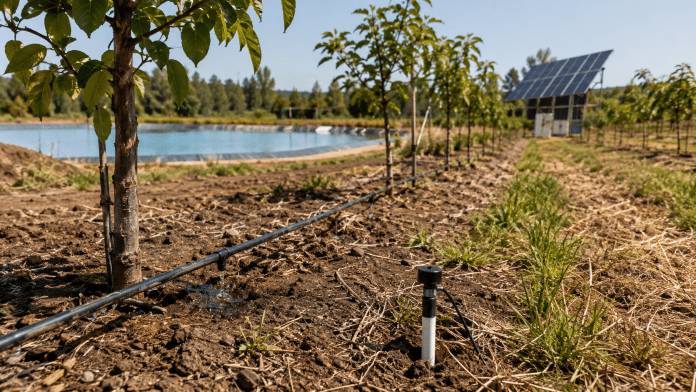 Huerto frutal con riego por goteo, sensor de humedad, estanque y paneles solares.
