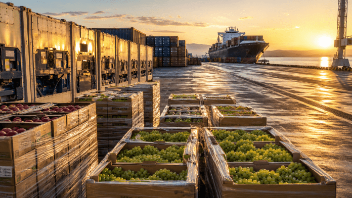 Asia no se abre solo con un protocolo: la fruta chilena necesita llegar con una propuesta completa Pallets de fruta refrigerada y contenedores reefer en una plataforma de exportación al amanecer.