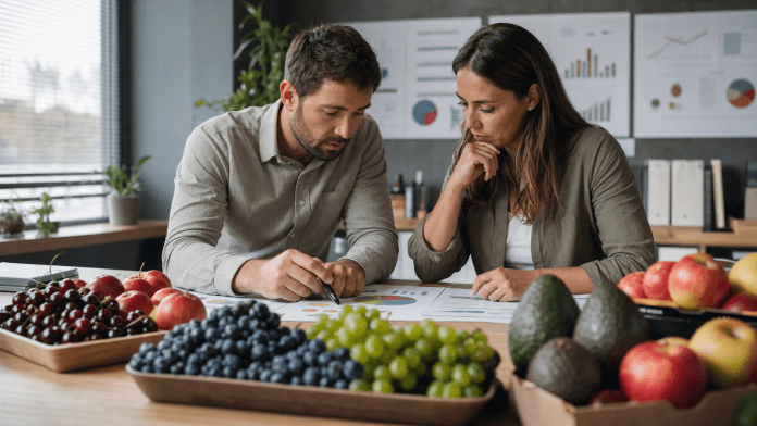 Leer datos frutícolas sin marearse: toneladas, dólares y concentración de especies Analistas revisando datos comerciales y muestras de fruta chilena para evaluar retornos.