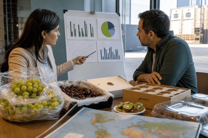 Analista y productor revisando gráficos de mercado junto a muestras de fruta y embalajes de exportación.