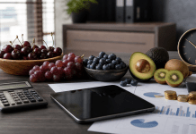 Inteligencia comercial frutícola: el precio no se mira solo al final de la temporada Escritorio corporativo con fruta premium, calculadora, documentos y gráficos comerciales.