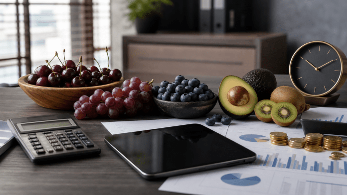 Inteligencia comercial frutícola: el precio no se mira solo al final de la temporada Escritorio corporativo con fruta premium, calculadora, documentos y gráficos comerciales.