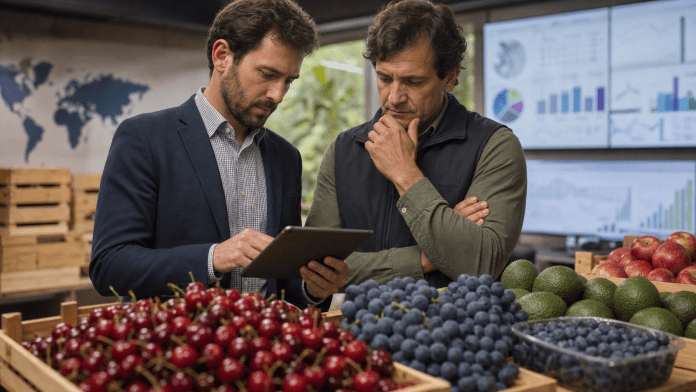 Exportar mas fruta no siempre significa ganar mas: la nueva lectura del mercado Analista comercial y productor revisando datos de mercado junto a fruta fresca chilena.
