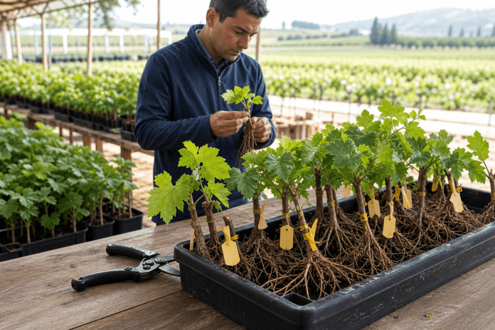 El recambio varietal no es cambiar una planta: es cambiar el negocio Agrónomo comparando plantas jóvenes de uva de mesa y portainjertos en un vivero experimental.