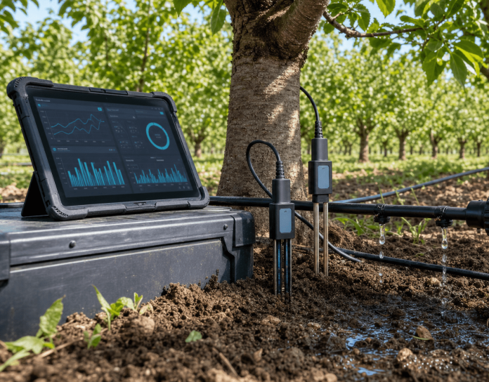 Sistema de riego por goteo con sensores de humedad, medidor de agua y tablet en huerto frutal.
