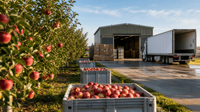 Qué significa retorno al productor y por qué no es lo mismo que precio de venta Huerto de manzanos, bins, zona de packing y camión refrigerado conectados en una cadena comercial.