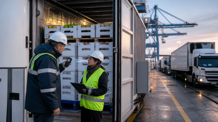 Puertos, reefer y protocolos: la ruta donde se juega la reputacion de la fruta chilena Supervisor logistico revisando temperatura de contenedor reefer con cajas de fruta en un puerto chileno.