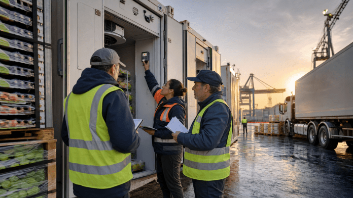 Reefer, papeles y puerto: la logística que no se ve hasta que falla Equipo logístico revisando temperatura de contenedor reefer y documentos de exportación.