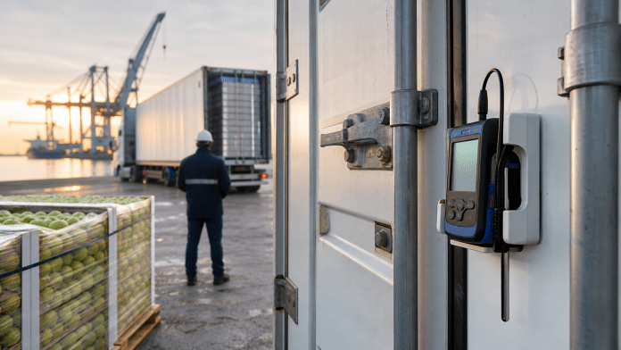 Temperatura, sello y documento: la logística frutícola se juega en detalles pequeños Termógrafo instalado en contenedor reefer con pallets de fruta y puerto al fondo.