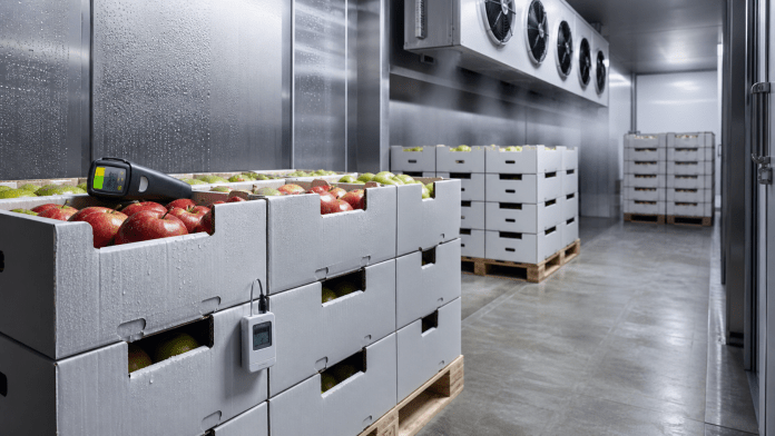 Cámara de prefrío con cajas de fruta, termómetro infrarrojo y registrador de temperatura.