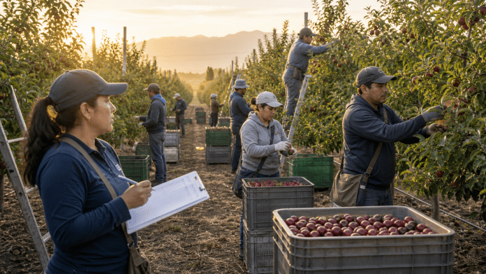 Temporeros agrícolas: el capital humano que sostiene cada caja de fruta Cuadrilla de temporeros agrícolas cosechando fruta en un huerto chileno al amanecer.