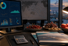 Fruta fresca y frutos secos: el mercado chileno empieza a leer más de un tablero Escritorio financiero con frutas, frutos secos, monitor de gráficos y documentos de exportación.