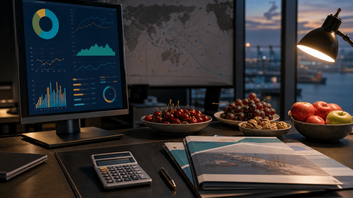 Escritorio financiero con frutas, frutos secos, monitor de gráficos y documentos de exportación.