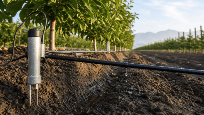 Riego tecnificado: programar no es abrir y cerrar una válvula Goteros y sensor de humedad funcionando junto a las raíces de una plantación frutal.