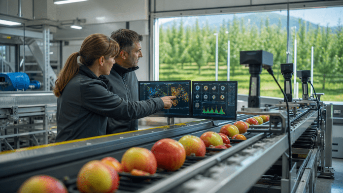 Inteligencia artificial en fruta: cuando el dato empieza a trabajar junto al agronomo Ingeniera y jefe de packing revisando sistema de vision artificial en linea de seleccion de fruta.
