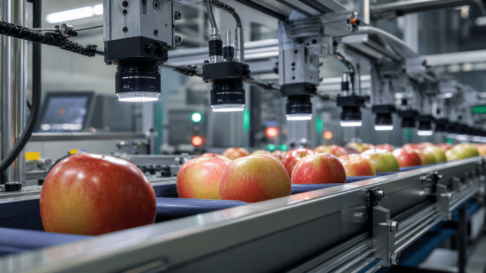 Visión artificial en packing: cuando una cámara empieza a leer calidad mejor que una planilla Línea automatizada con manzanas pasando bajo cámaras de visión artificial en packing.