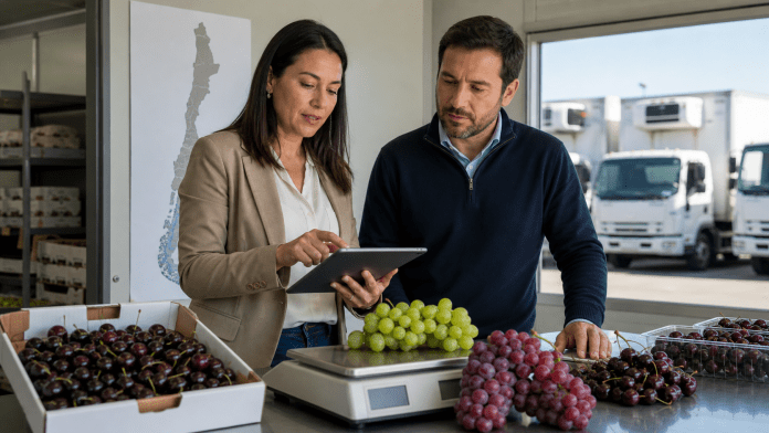 Más volumen no siempre es mejor: cómo el valor por kilo cambia la lectura de una temporada Analista y exportador revisando muestras de fruta, una balanza de precisión y datos comerciales.