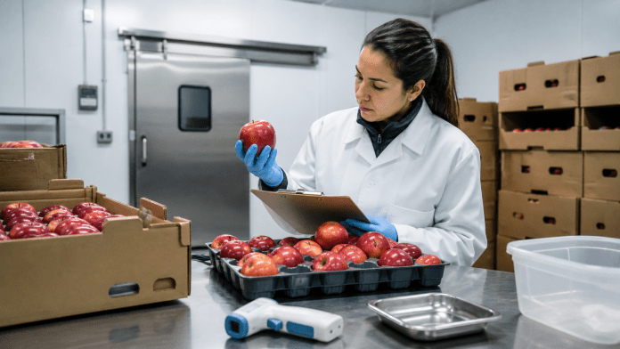 Un reclamo de llegada no empieza en el destino: cómo investigar un problema de calidad Inspectora de calidad revisando una muestra de fruta y registros dentro de una cámara de inspección.
