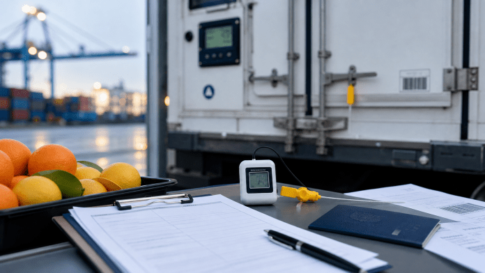 Documentos de exportación, termógrafo, sello y contenedor reefer en patio portuario.