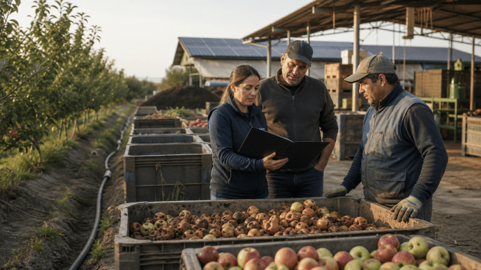 Descarte, agua y energía: la sustentabilidad frutícola se mide en decisiones pequeñas Equipo revisando fruta de descarte, riego y energía en una operación frutícola chilena.