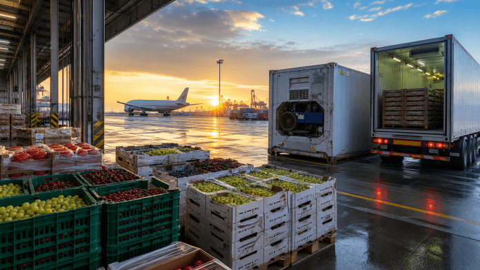 Marítimo o aéreo: el transporte correcto depende de la fruta y de la ventana Pallets de fruta refrigerada junto a un contenedor reefer y un avión carguero en una plataforma intermodal.